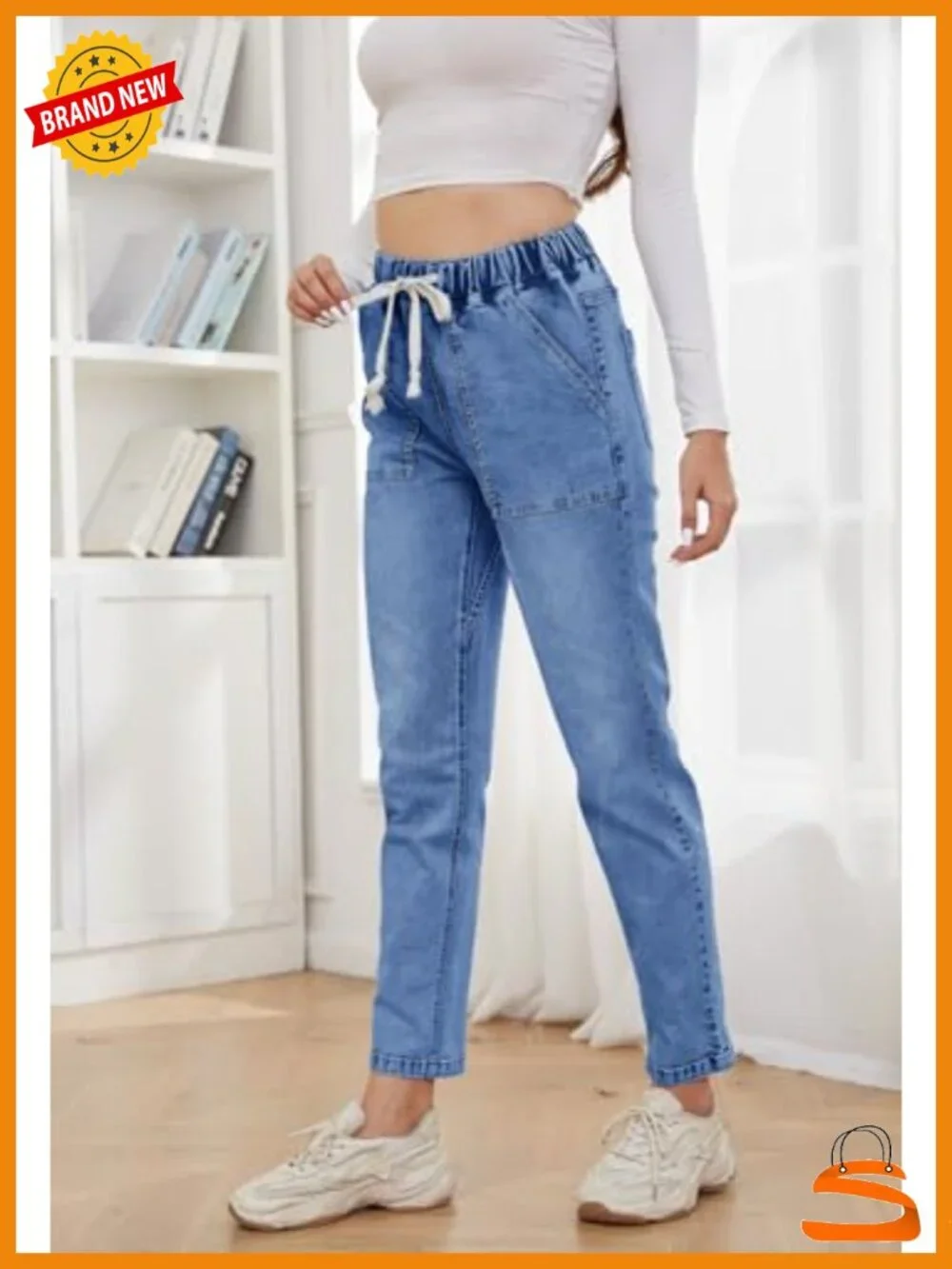 Womens Pull-on Jeans Stretch High Waisted Elastic Waist Denim Joggers Pants